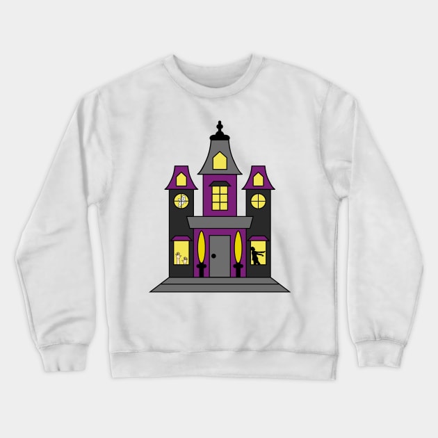 Purple and Black Halloween Haunted House with Ghost, Zombie, & Hands Crewneck Sweatshirt by PLLDesigns